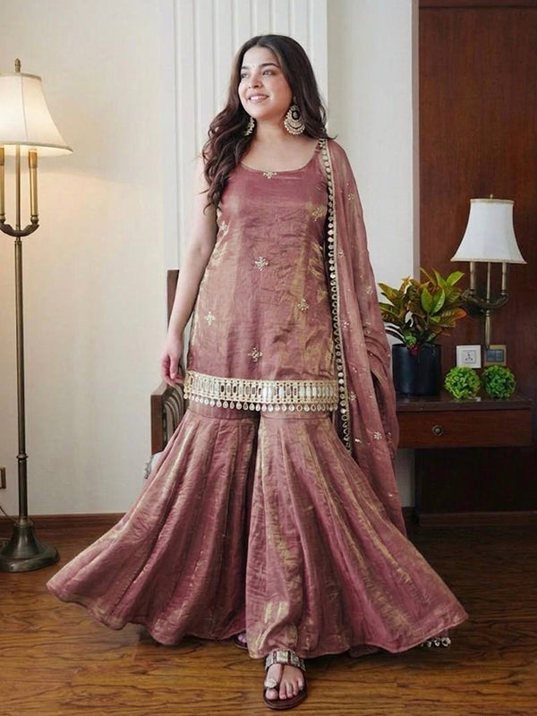 Dusty Peach Embroidery Mirror Work Fendy Silk Sharara Set With Dupatta