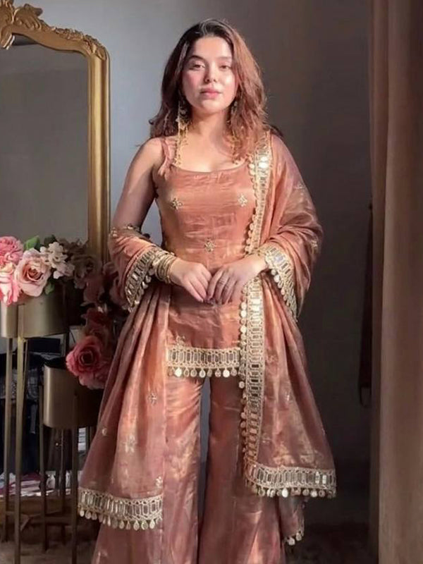 Dusty Peach Embroidery Mirror Work Fendy Silk Sharara Set With Dupatta