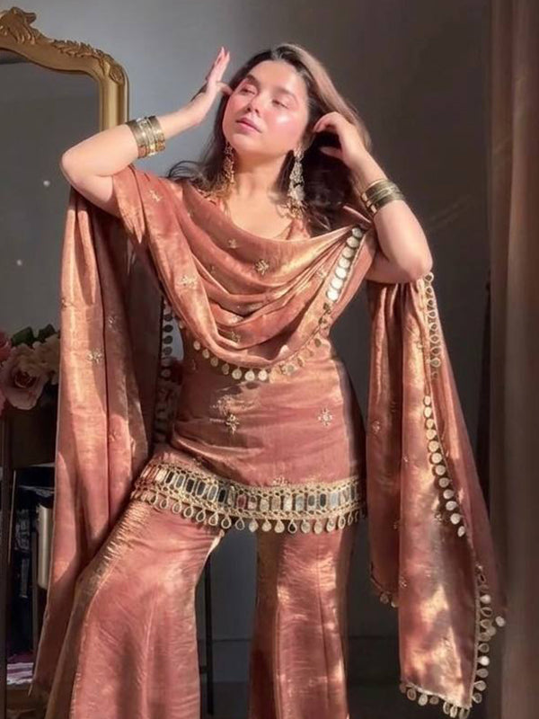 Dusty Peach Embroidery Mirror Work Fendy Silk Sharara Set With Dupatta