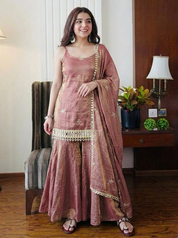 Dusty Peach Embroidery Mirror Work Fendy Silk Sharara Set With Dupatta