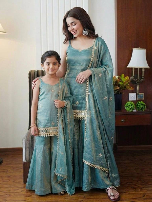 Sky Blue Mirror Work Fendy Silk Top Palazzo With Dupatta Mother Daughter Combo