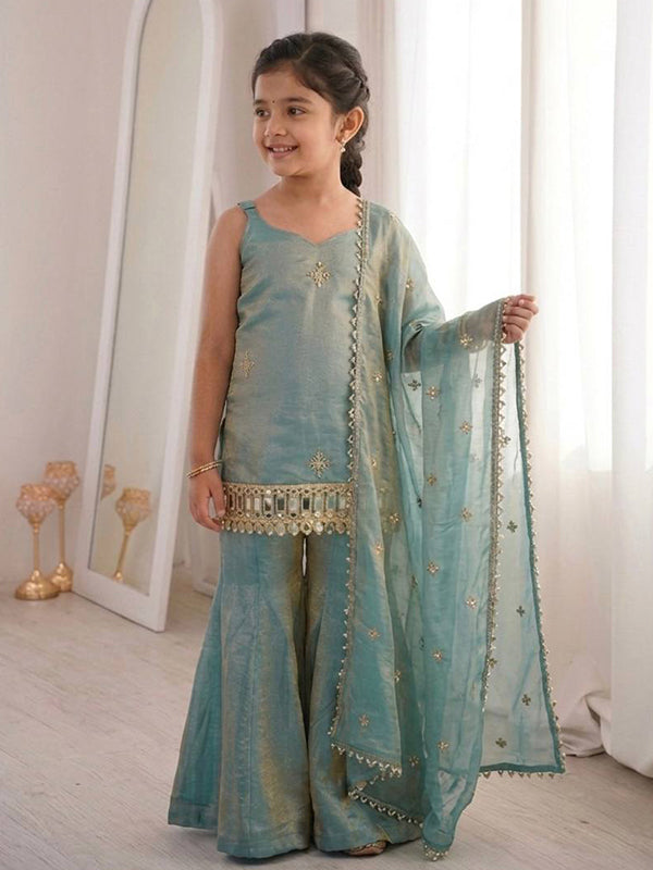 Sky Blue Mirror Work Fendy Silk Top Palazzo With Dupatta Mother Daughter Combo