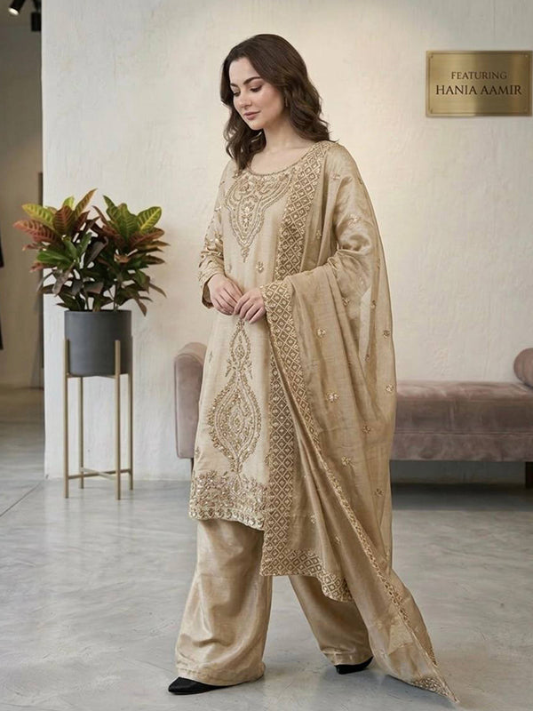 Beige Embroidery Beads Work Jimmy Choo Silk Top Palazzo With Dupatta