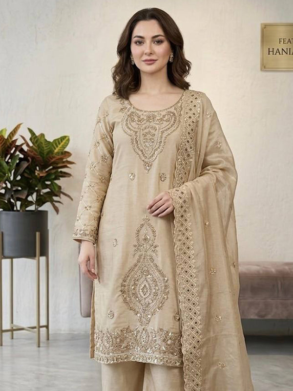 Beige Embroidery Beads Work Jimmy Choo Silk Top Palazzo With Dupatta