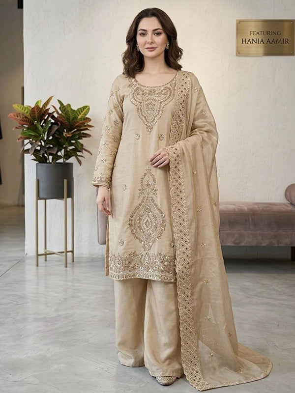 Beige Embroidery Beads Work Jimmy Choo Silk Top Palazzo With Dupatta