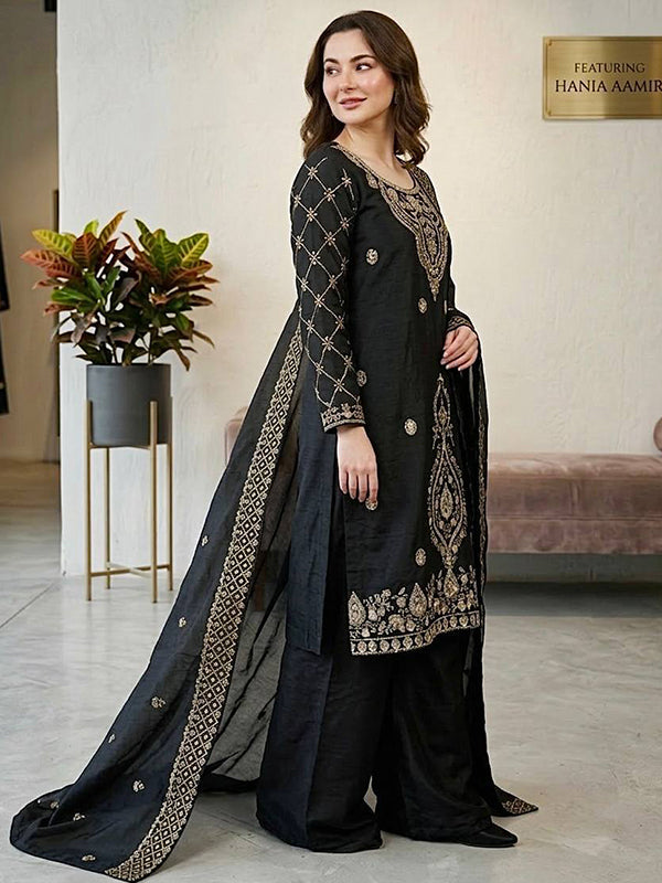 Black Embroidery Beads Work Jimmy Choo Silk Top Palazzo With Dupatta