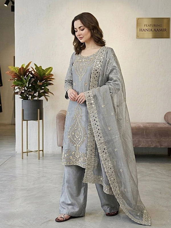 Grey Embroidery Beads Work Jimmy Choo Silk Top Palazzo With Dupatta