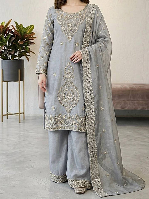 Grey Embroidery Beads Work Jimmy Choo Silk Top Palazzo With Dupatta