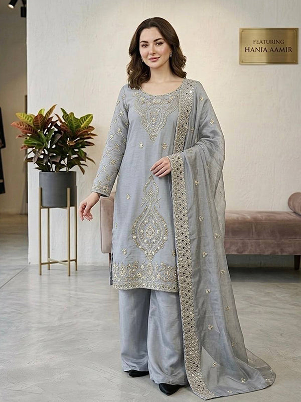 Grey Embroidery Beads Work Jimmy Choo Silk Top Palazzo With Dupatta
