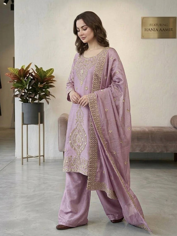 Lavender Embroidery Beads Work Jimmy Choo Silk Top Palazzo With Dupatta