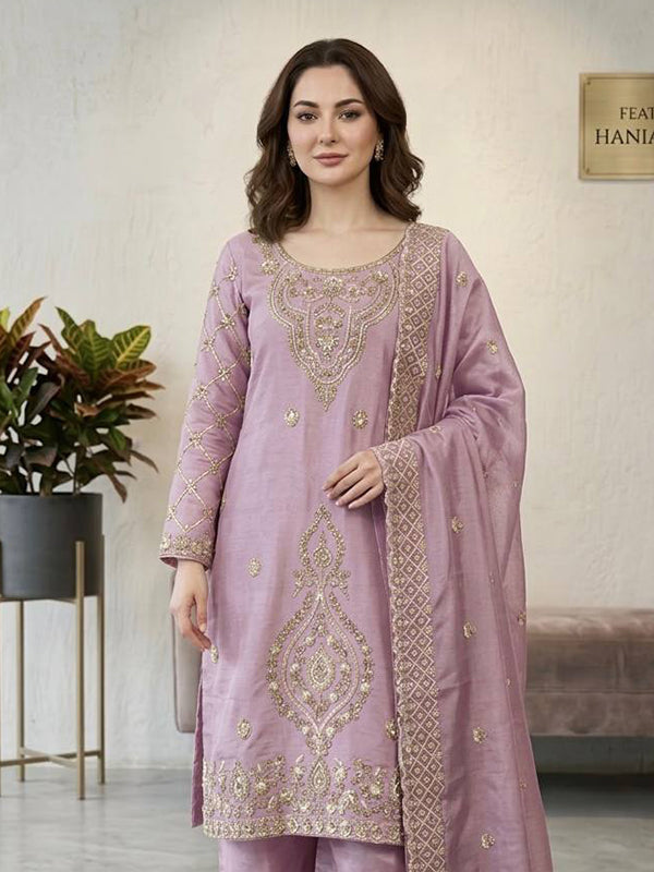 Lavender Embroidery Beads Work Jimmy Choo Silk Top Palazzo With Dupatta