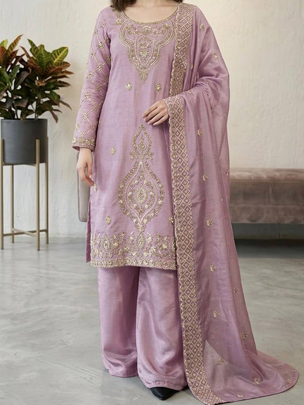 Lavender Embroidery Beads Work Jimmy Choo Silk Top Palazzo With Dupatta