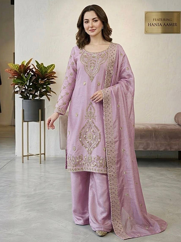 Lavender Embroidery Beads Work Jimmy Choo Silk Top Palazzo With Dupatta
