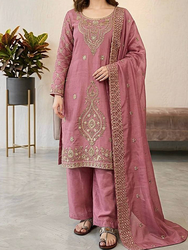Pink Embroidery Beads Work Jimmy Choo Silk Top Palazzo With Dupatta