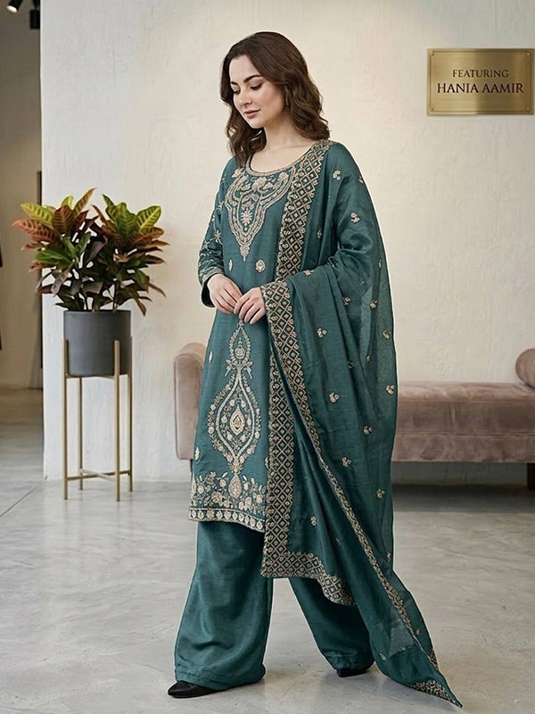 Teal Embroidery Beads Work Jimmy Choo Silk Top Palazzo With Dupatta