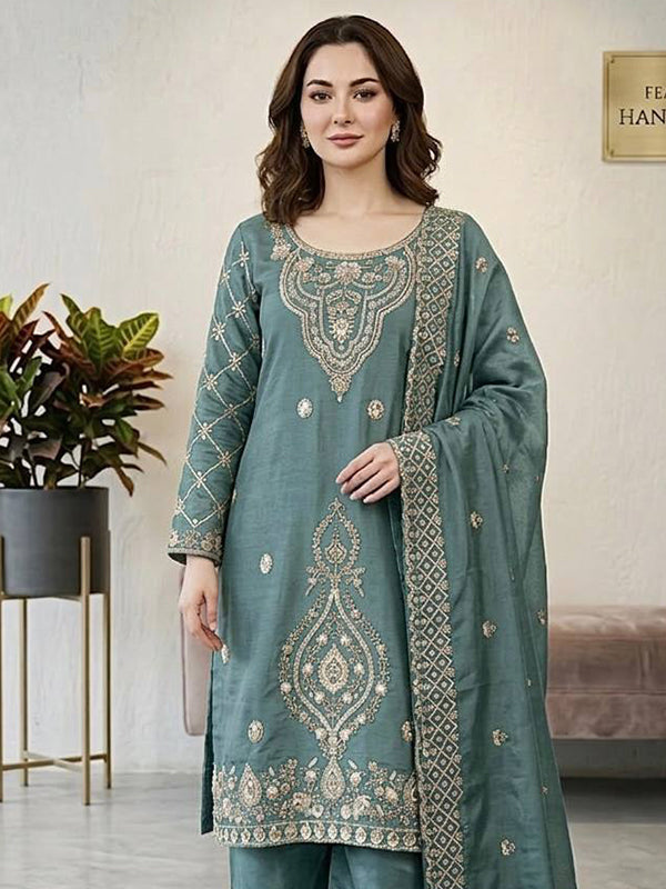 Teal Embroidery Beads Work Jimmy Choo Silk Top Palazzo With Dupatta