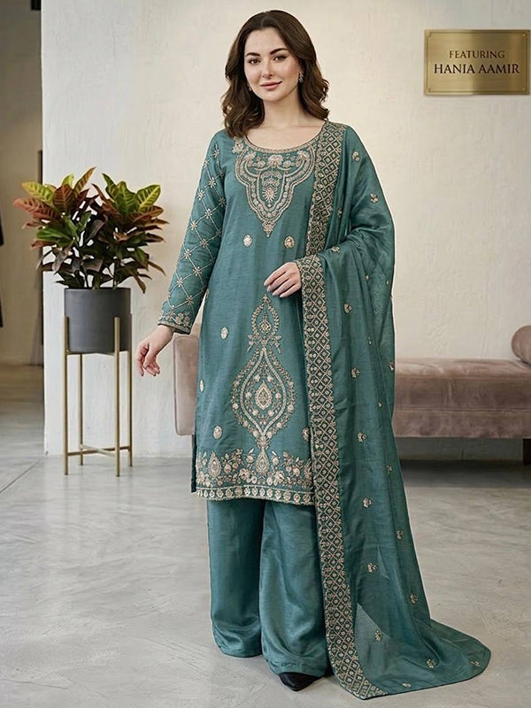 Teal Embroidery Beads Work Jimmy Choo Silk Top Palazzo With Dupatta