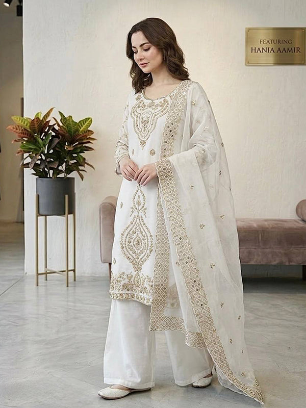 White Embroidery Beads Work Jimmy Choo Silk Top Palazzo With Dupatta