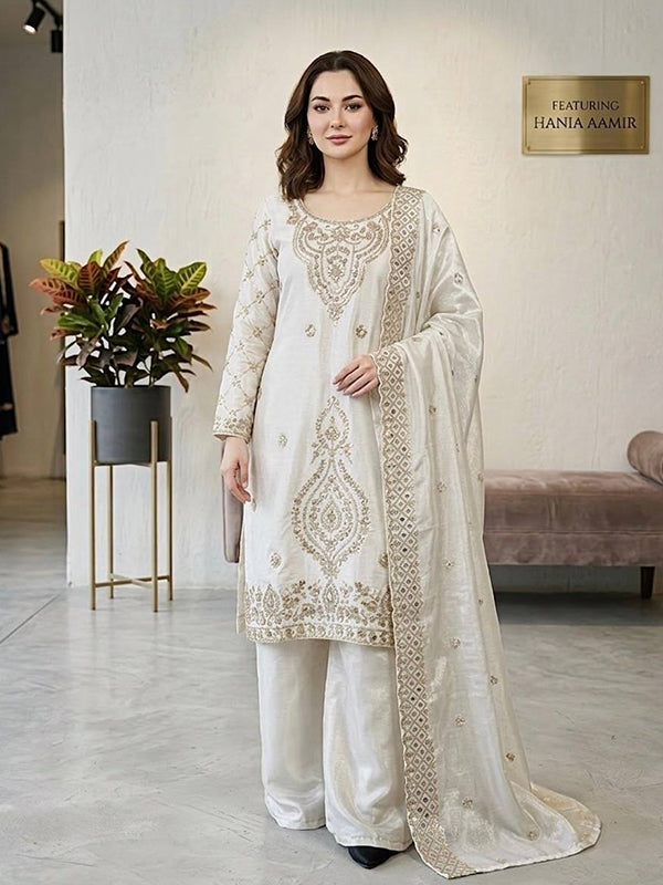 White Embroidery Beads Work Jimmy Choo Silk Top Palazzo With Dupatta