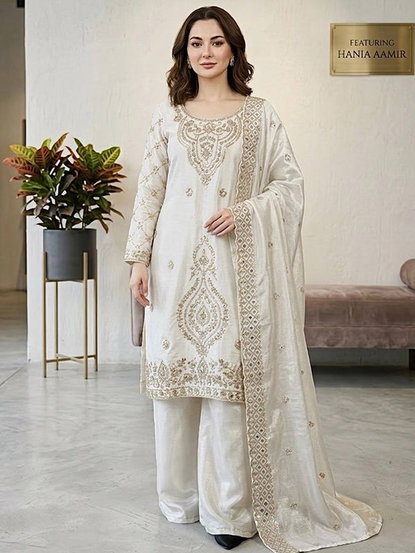 White Embroidery Beads Work Jimmy Choo Silk Top Palazzo With Dupatta