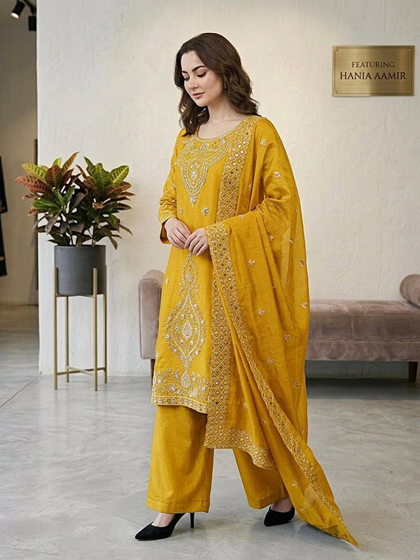 Yellow Embroidery Beads Work Jimmy Choo Silk Top Palazzo With Dupatta
