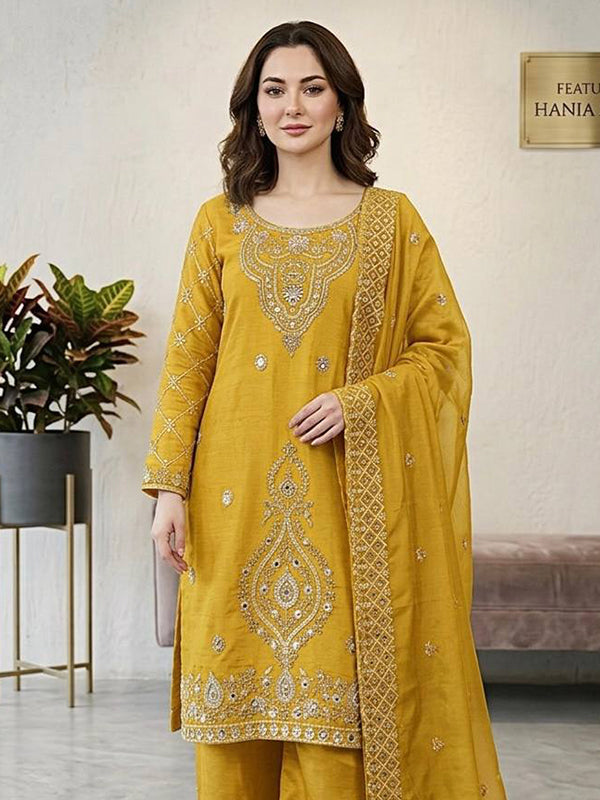 Yellow Embroidery Beads Work Jimmy Choo Silk Top Palazzo With Dupatta