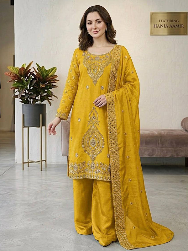 Yellow Embroidery Beads Work Jimmy Choo Silk Top Palazzo With Dupatta