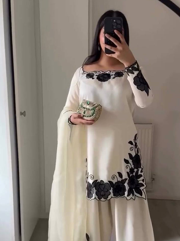White With Black Flower Embroidery Thread Work Fendy Silk Farshi Salwar Suit