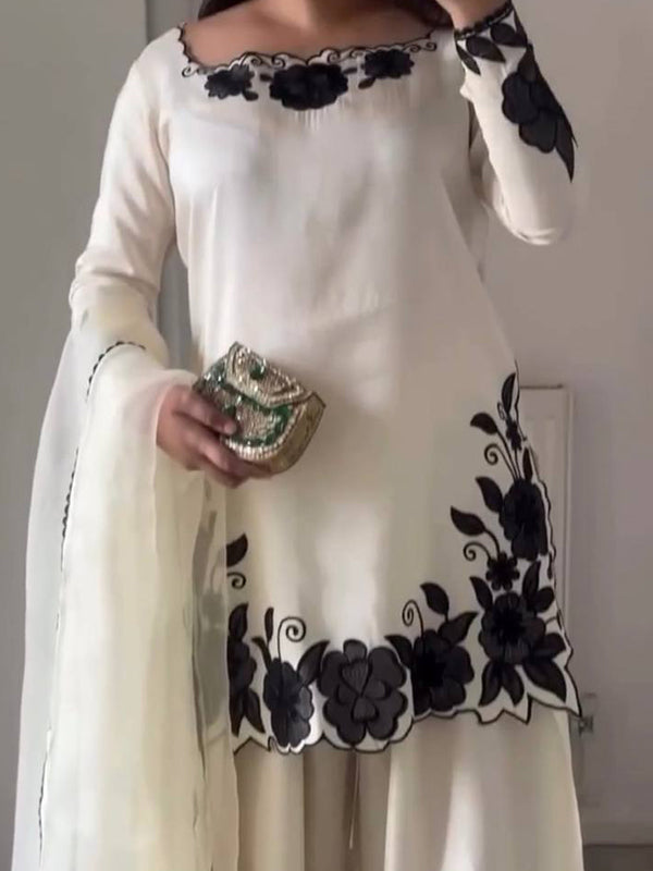 White With Black Flower Embroidery Thread Work Fendy Silk Farshi Salwar Suit