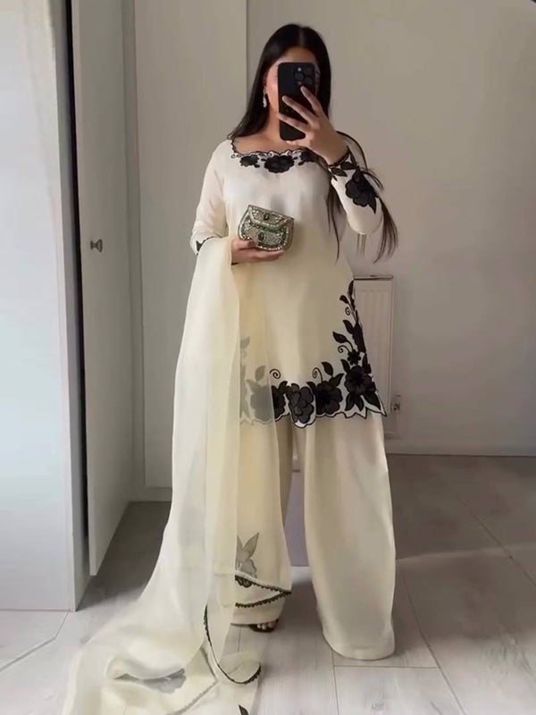 White With Black Flower Embroidery Thread Work Fendy Silk Farshi Salwar Suit