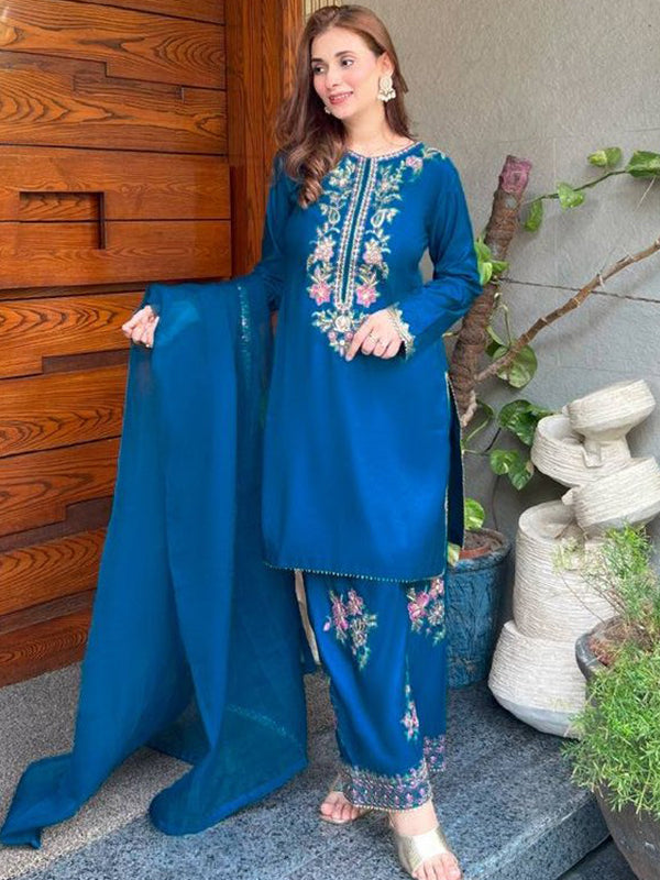 Blue Embroidery Thread Work French Crepe Farshi Salwar Suit