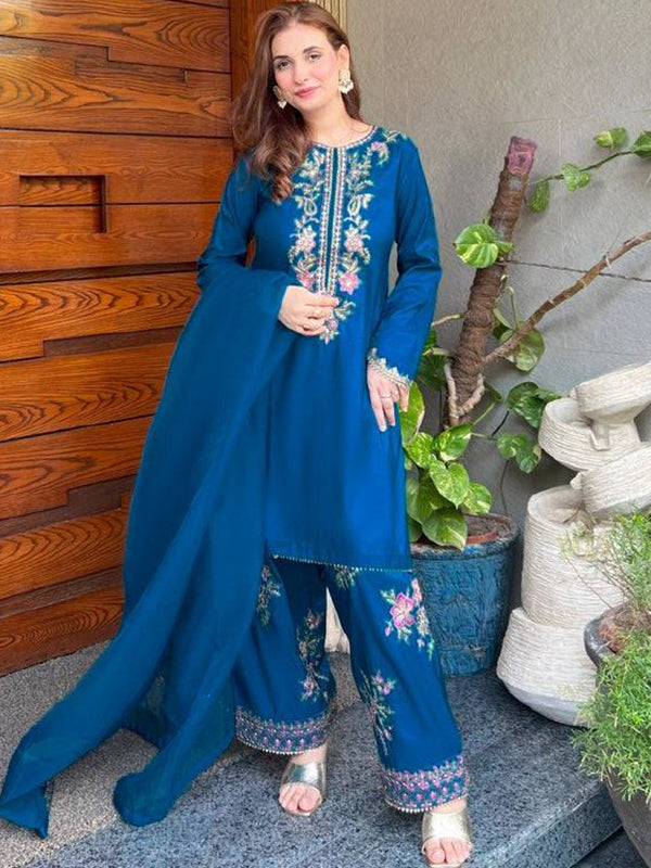 Blue Embroidery Thread Work French Crepe Farshi Salwar Suit