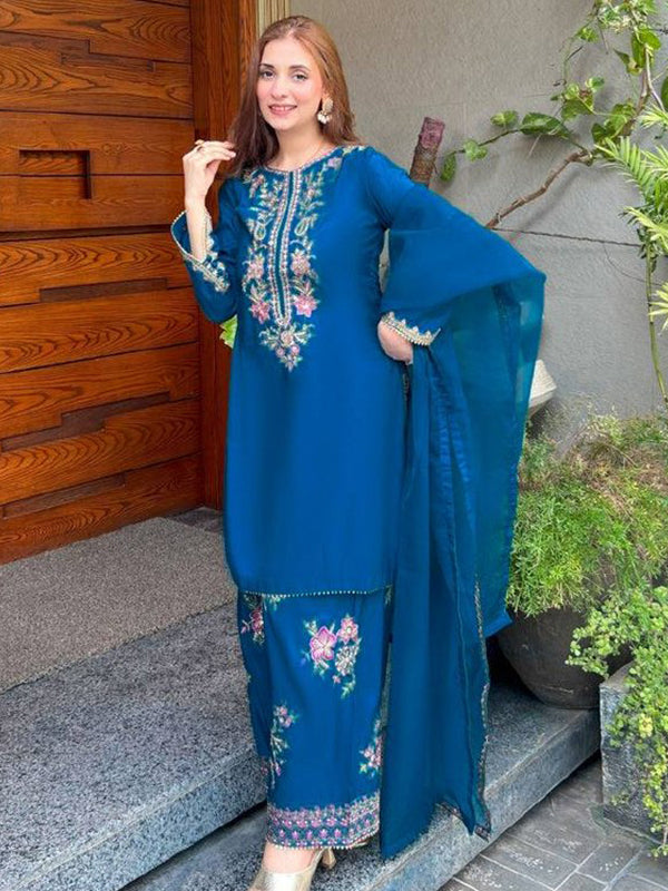 Blue Embroidery Thread Work French Crepe Farshi Salwar Suit