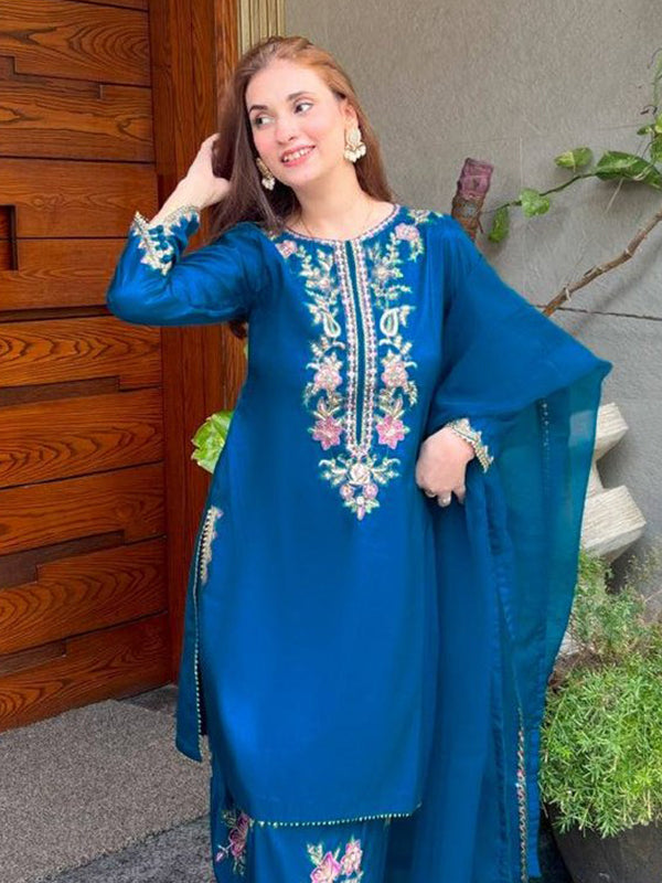 Blue Embroidery Thread Work French Crepe Farshi Salwar Suit