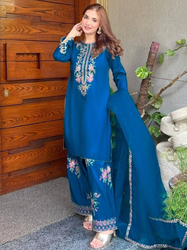 Blue Embroidery Thread Work French Crepe Farshi Salwar Suit