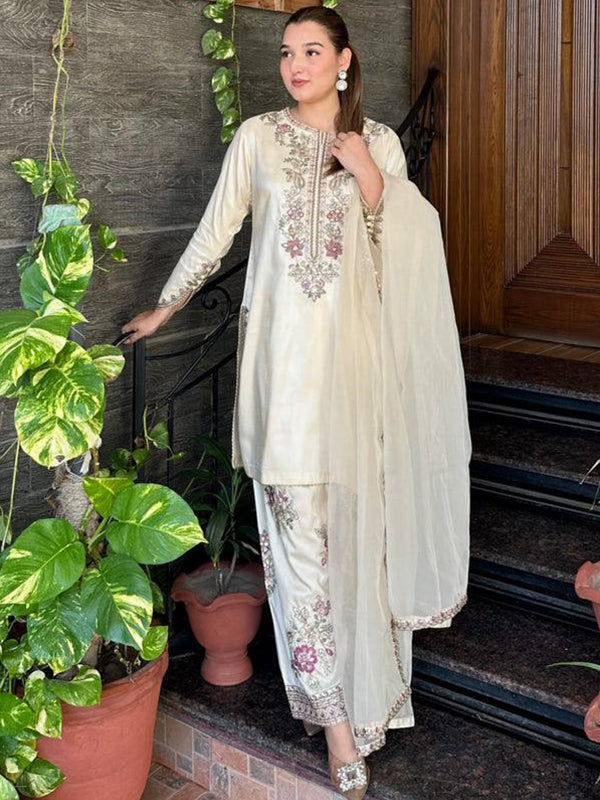 White Embroidery Thread Work French Crepe Farshi Salwar Suit
