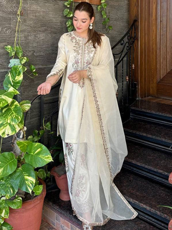 White Embroidery Thread Work French Crepe Farshi Salwar Suit