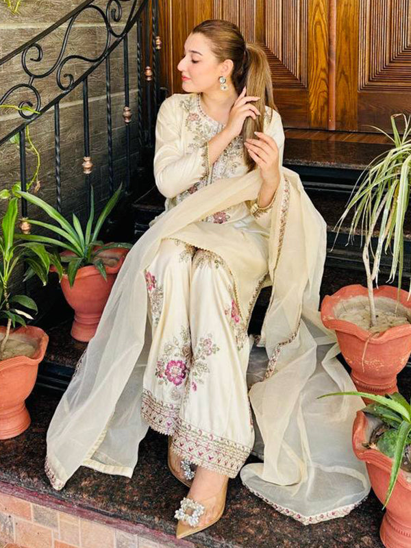 White Embroidery Thread Work French Crepe Farshi Salwar Suit