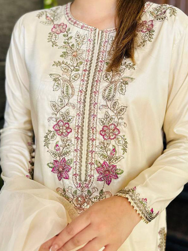 White Embroidery Thread Work French Crepe Farshi Salwar Suit