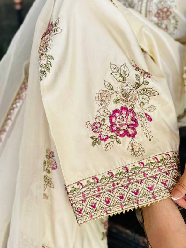 White Embroidery Thread Work French Crepe Farshi Salwar Suit