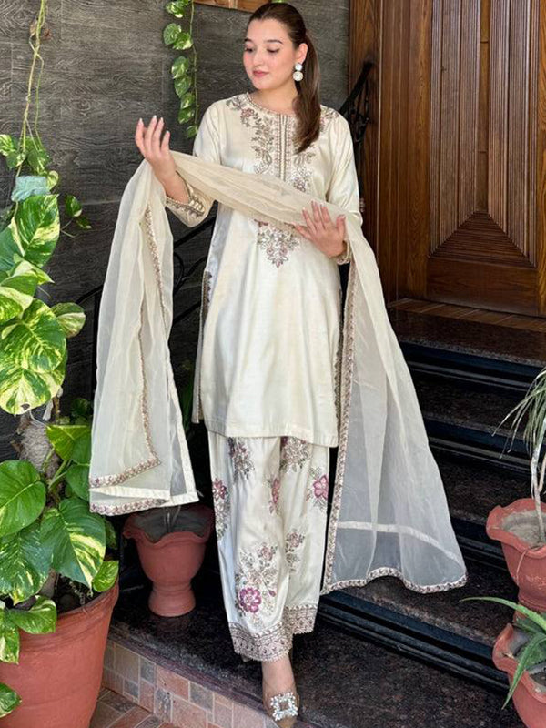 White Embroidery Thread Work French Crepe Farshi Salwar Suit