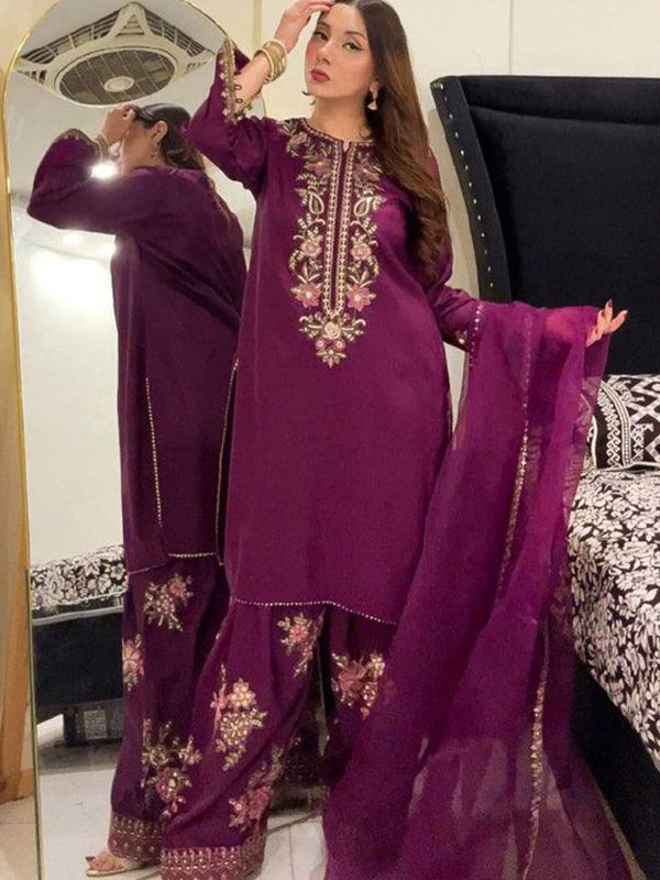 Wine Embroidery Thread Work French Crepe Farshi Salwar Suit