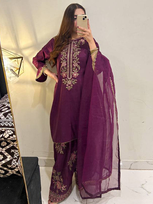 Wine Embroidery Thread Work French Crepe Farshi Salwar Suit