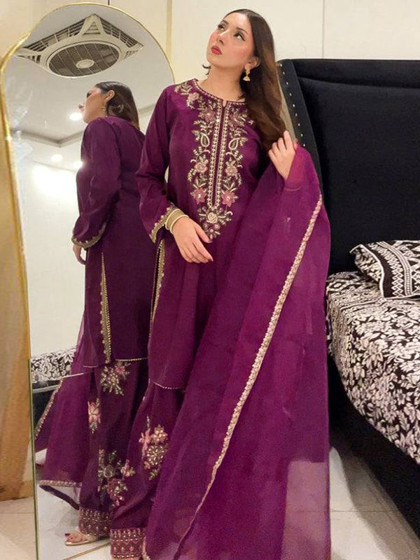 Wine Embroidery Thread Work French Crepe Farshi Salwar Suit