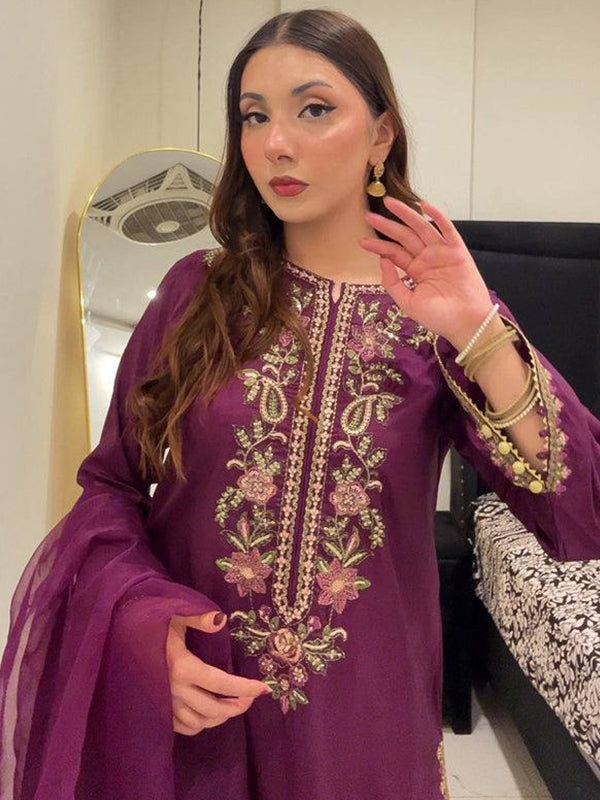 Wine Embroidery Thread Work French Crepe Farshi Salwar Suit