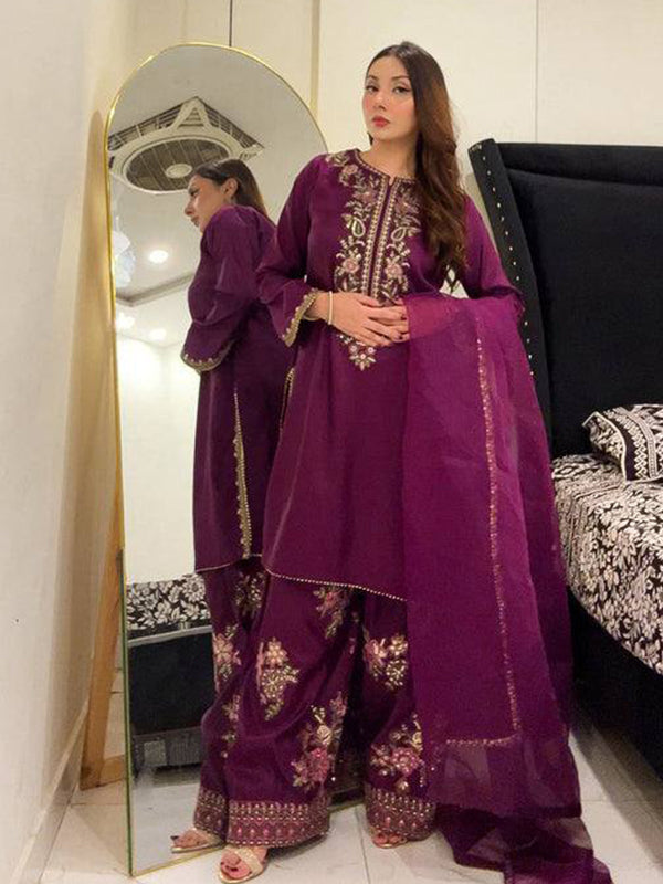 Wine Embroidery Thread Work French Crepe Farshi Salwar Suit