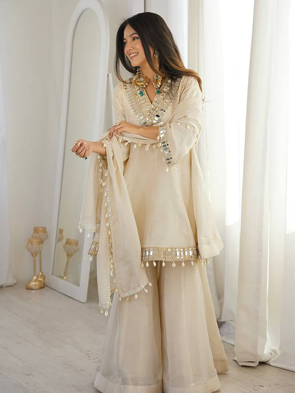 Ivory Mirror Work Tebby Organza Silk Top Sharara With Dupatta