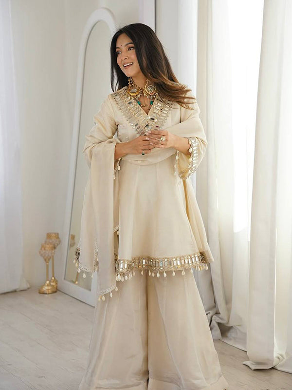 Ivory Mirror Work Tebby Organza Silk Top Sharara With Dupatta