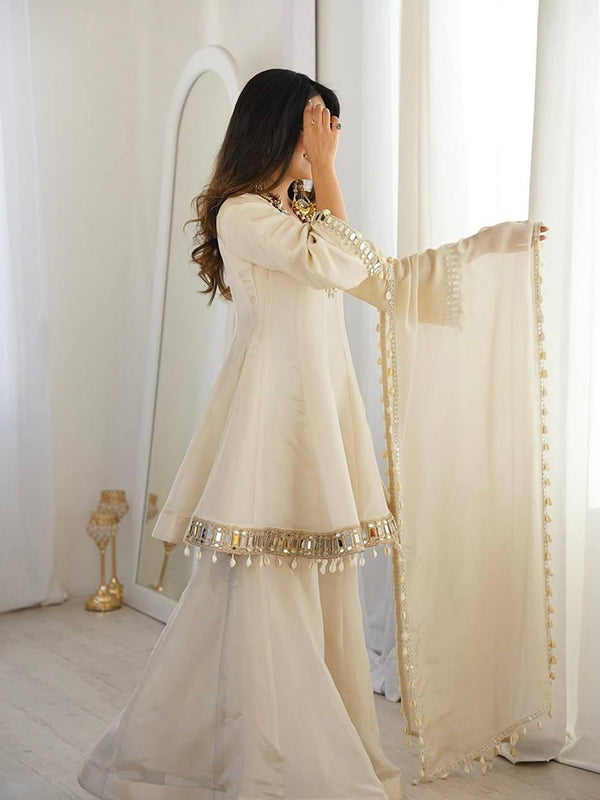 Ivory Mirror Work Tebby Organza Silk Top Sharara With Dupatta