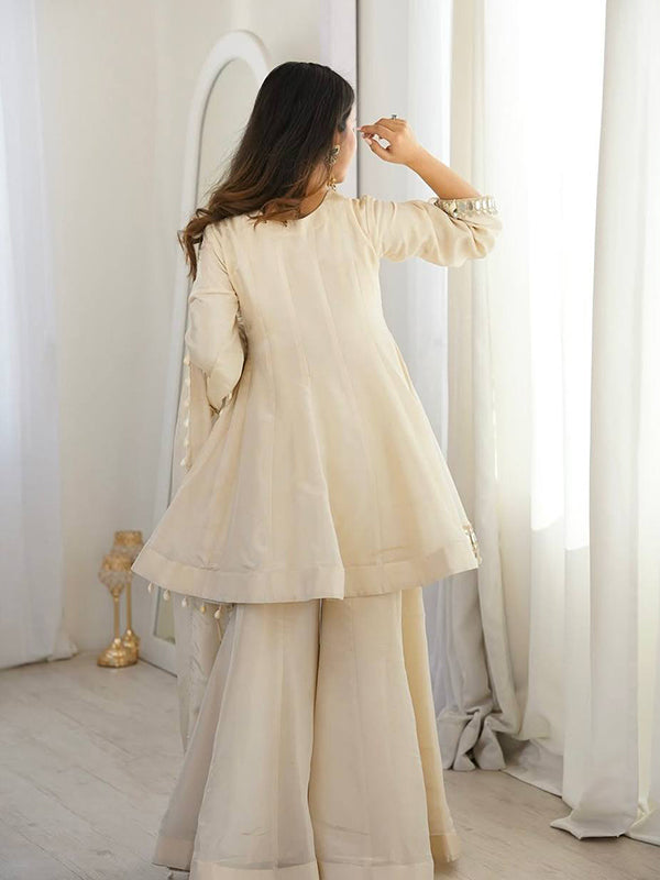 Ivory Mirror Work Tebby Organza Silk Top Sharara With Dupatta
